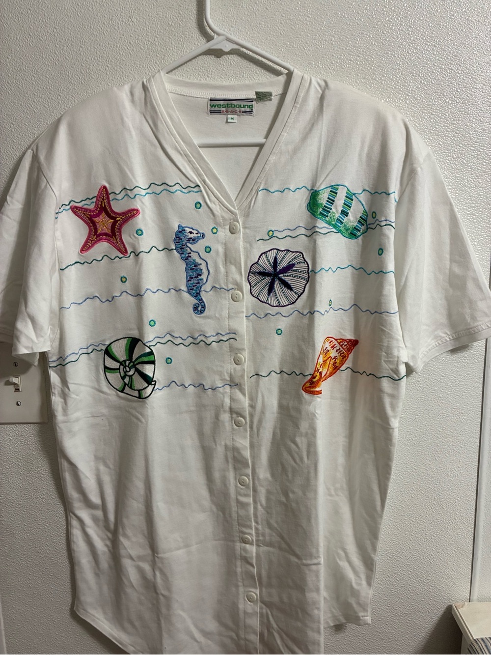 Westbound White Embroidered Sea Life Button-Front Top M